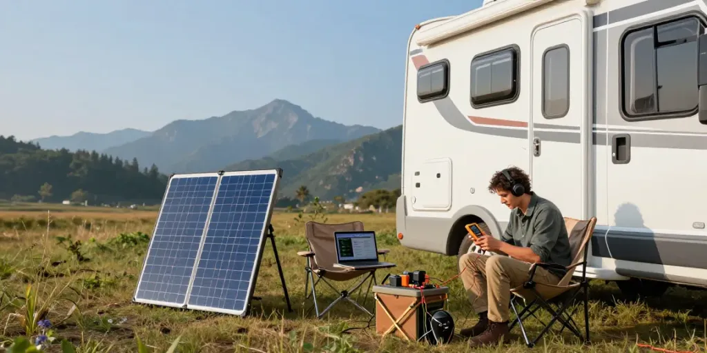 Enthusiast checking batterie lifepo4 system in scenic outdoor RV setup