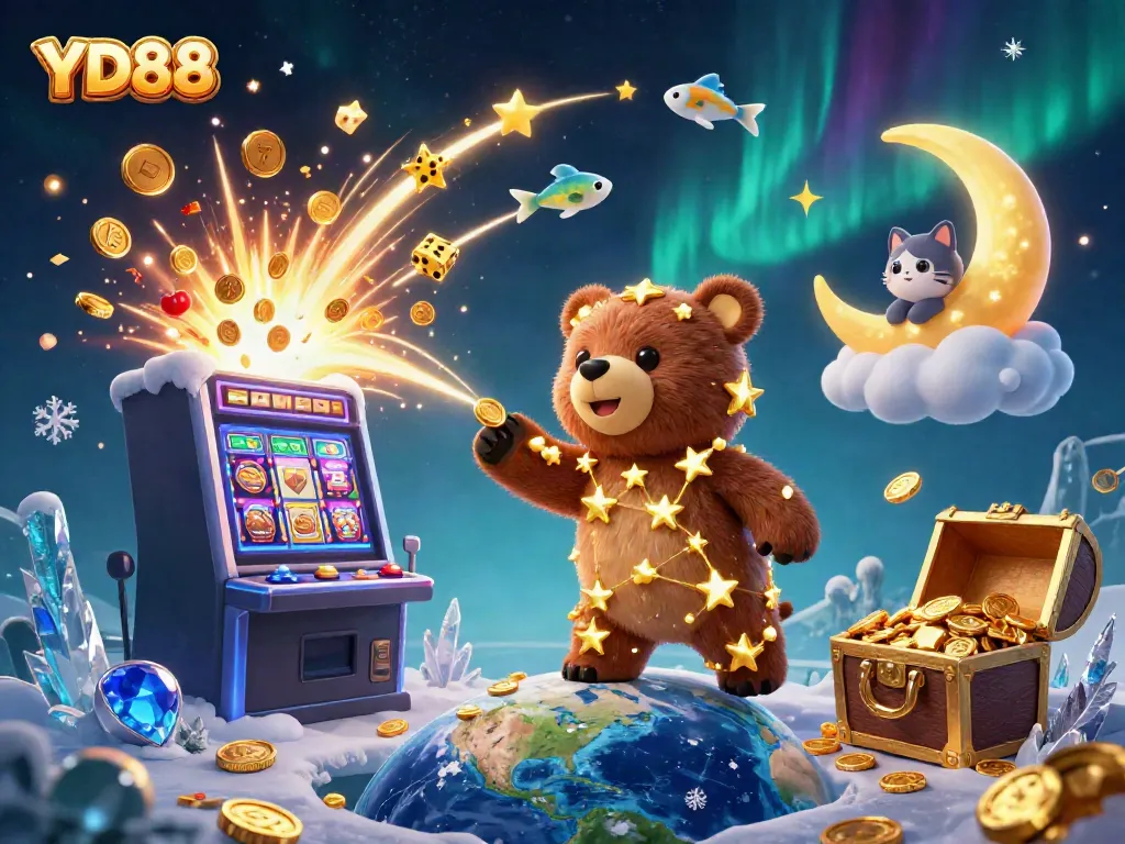 Experience YD88's jackpot excitement with celestial characters and vibrant gaming elements in a dynamic casino scene.