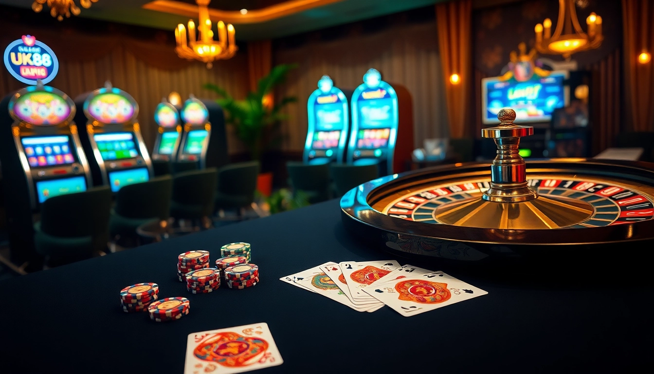 Experience the excitement of gambling at https://uk88.business/ with poker chips and a roulette wheel in a luxurious setting.