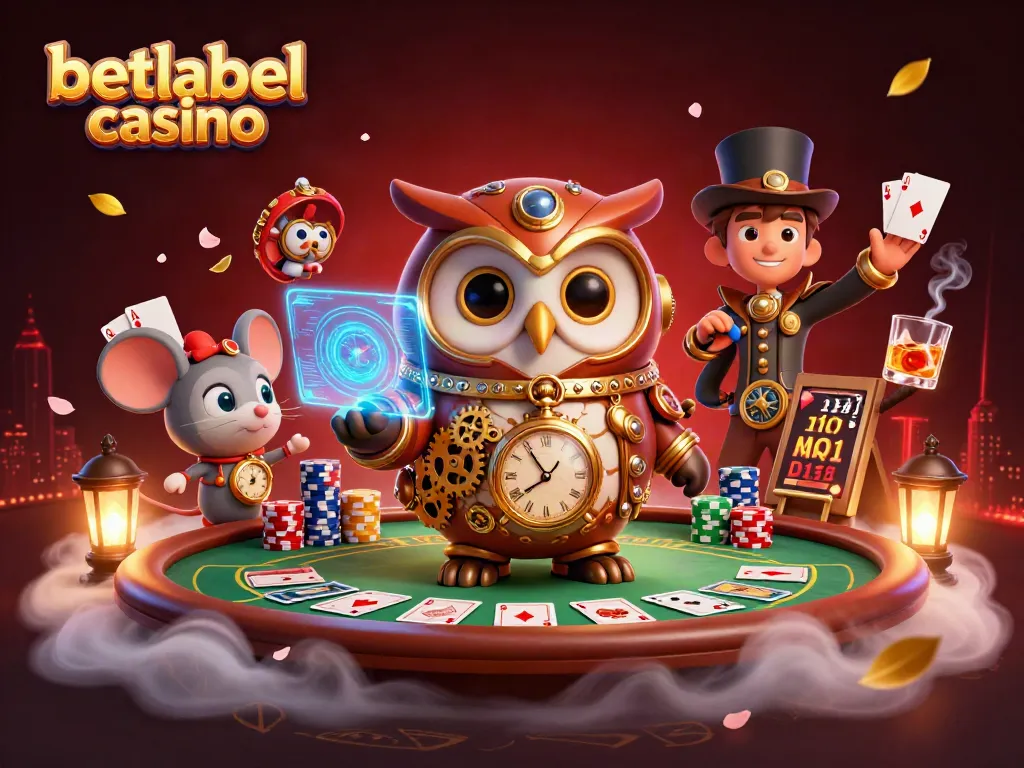 Experience the thrill at betlabel casino with an epic steampunk owl and poker elements in a vibrant scene.
