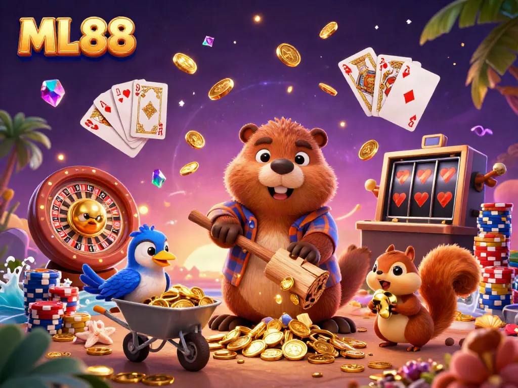 ML88 gaming site features an animated scene with a lumberjack beaver and coin rain, embodying exciting casino energy.