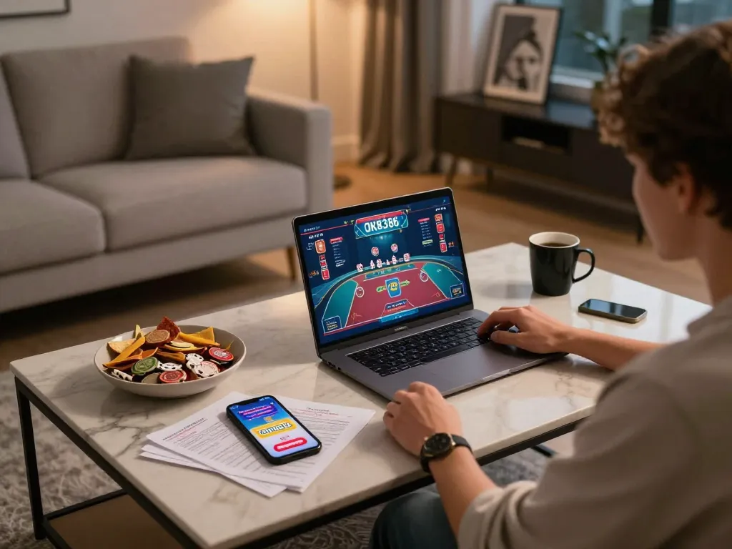Player enjoying online poker at home with OK8386 OKVIP promotions on screen, creating a cozy gaming atmosphere.