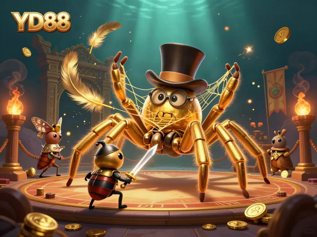 Experience the excitement of YD88 with a dynamic scene featuring a golden tarantula and brave beetle knight.