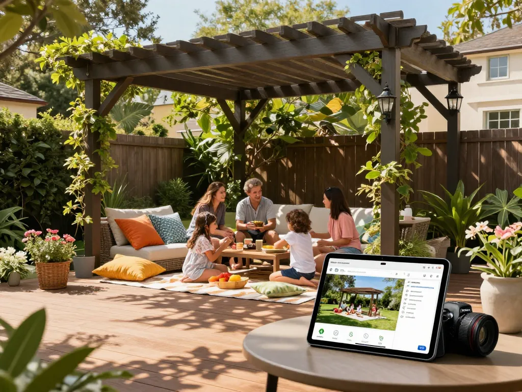 Family using pergola configurator software to design a custom outdoor pergola in a vibrant backyard.