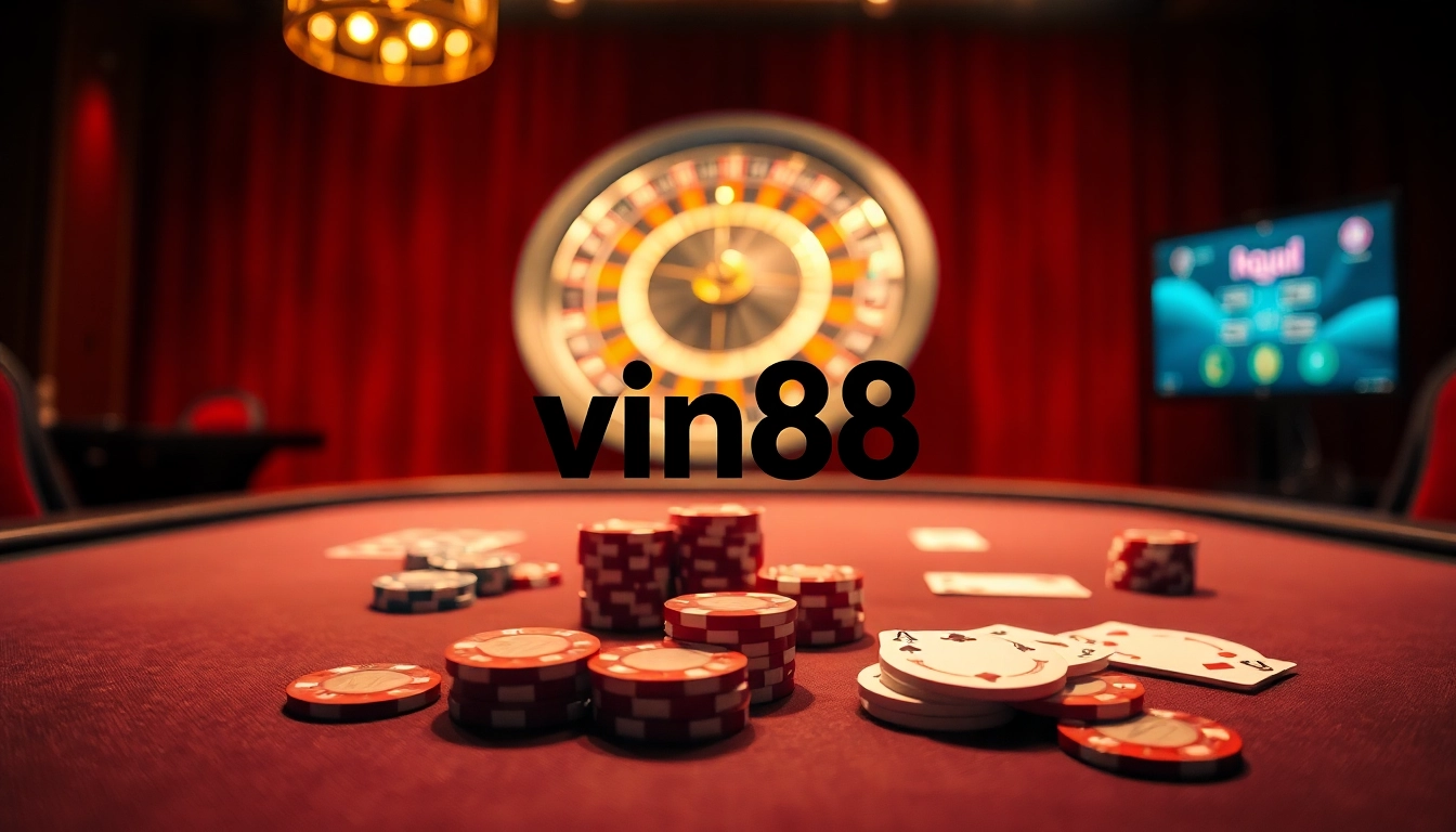 Engaging captive scene at vin88 casino with poker chips, cards, and roulette wheel.