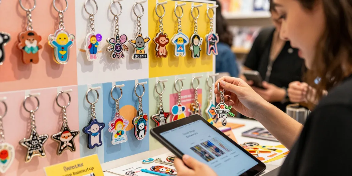 Custom keychains displayed in a vibrant e-commerce setting, showcasing various designs and personalization options.