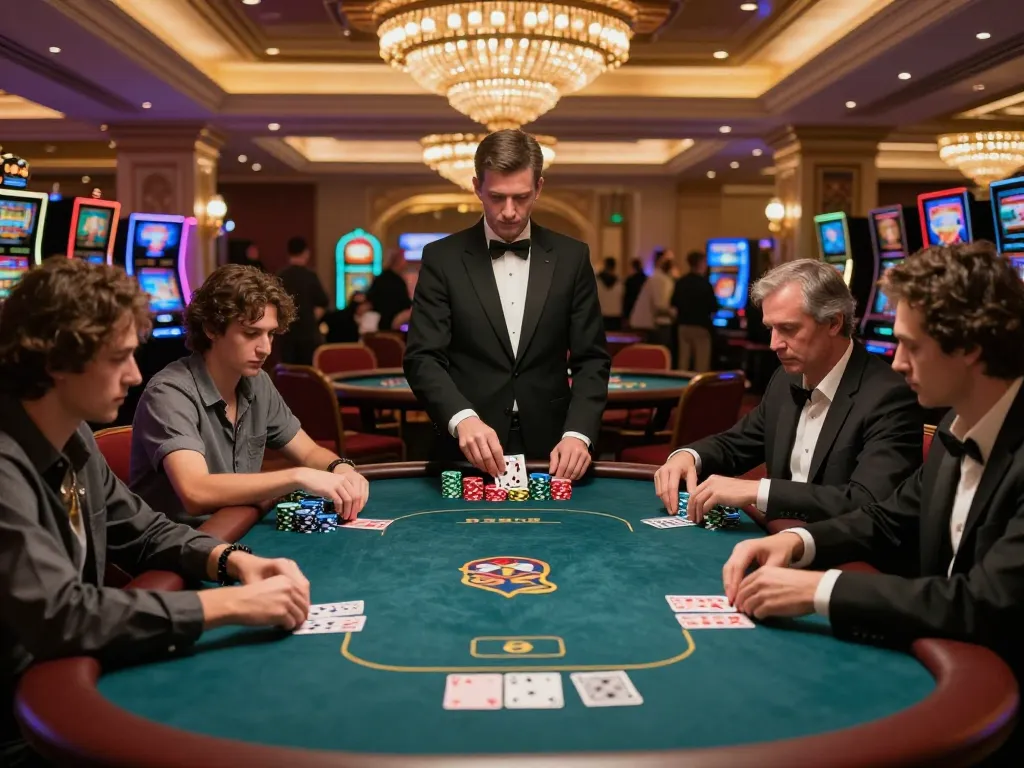 VU88 poker players engaged in a high-stakes game, vibrant casino atmosphere with colorful chips.