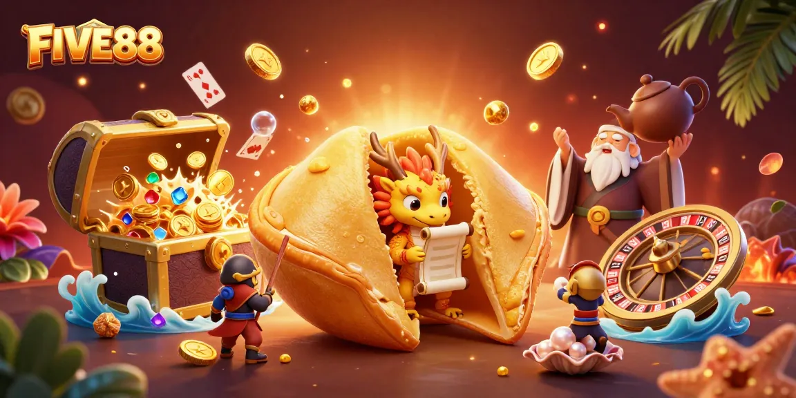 Experience thrilling action at FIVE88 with a vibrant 3D casino scene filled with colorful gaming elements.