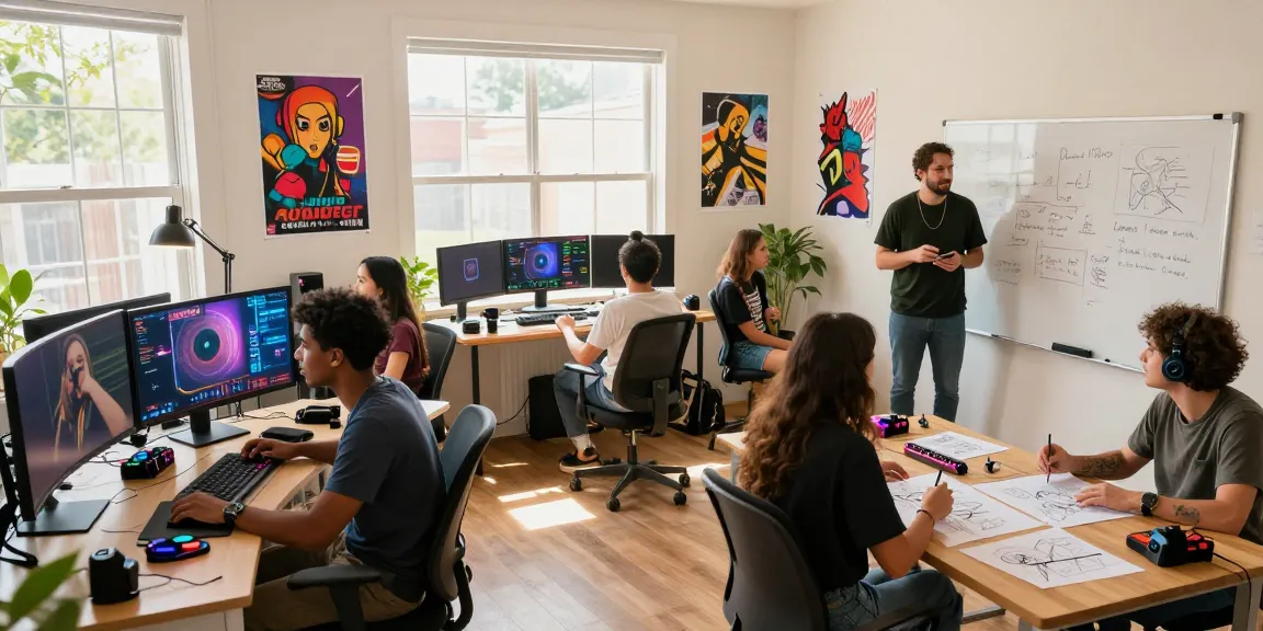 Dynamic scene from Streamer University showing creators streaming, teaching, and collaborating in a vibrant mansion.