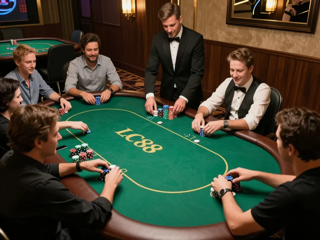 Players enjoying a high-stakes poker game at LC88's luxurious VIP area with chips and cards.