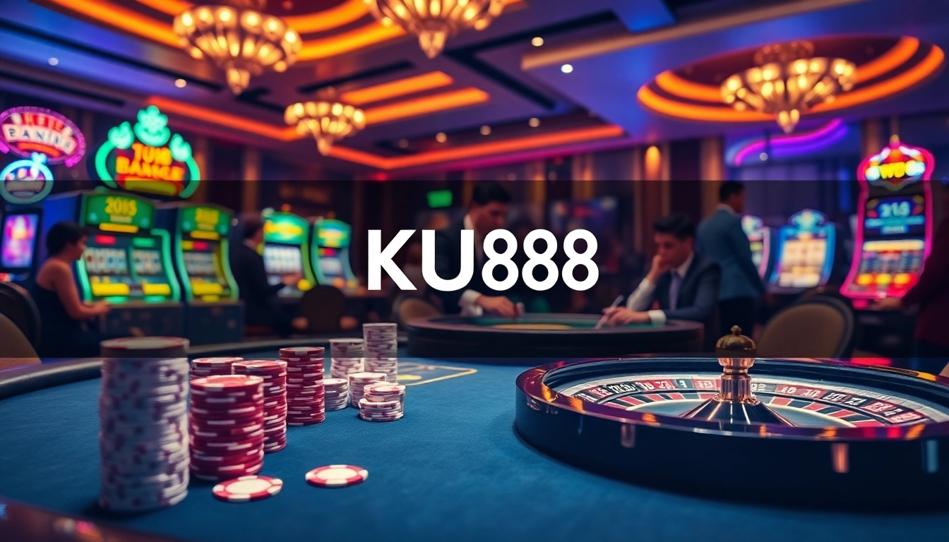 Players enjoying high-stakes action at a KU88 online casino setting filled with vibrant gaming visuals.