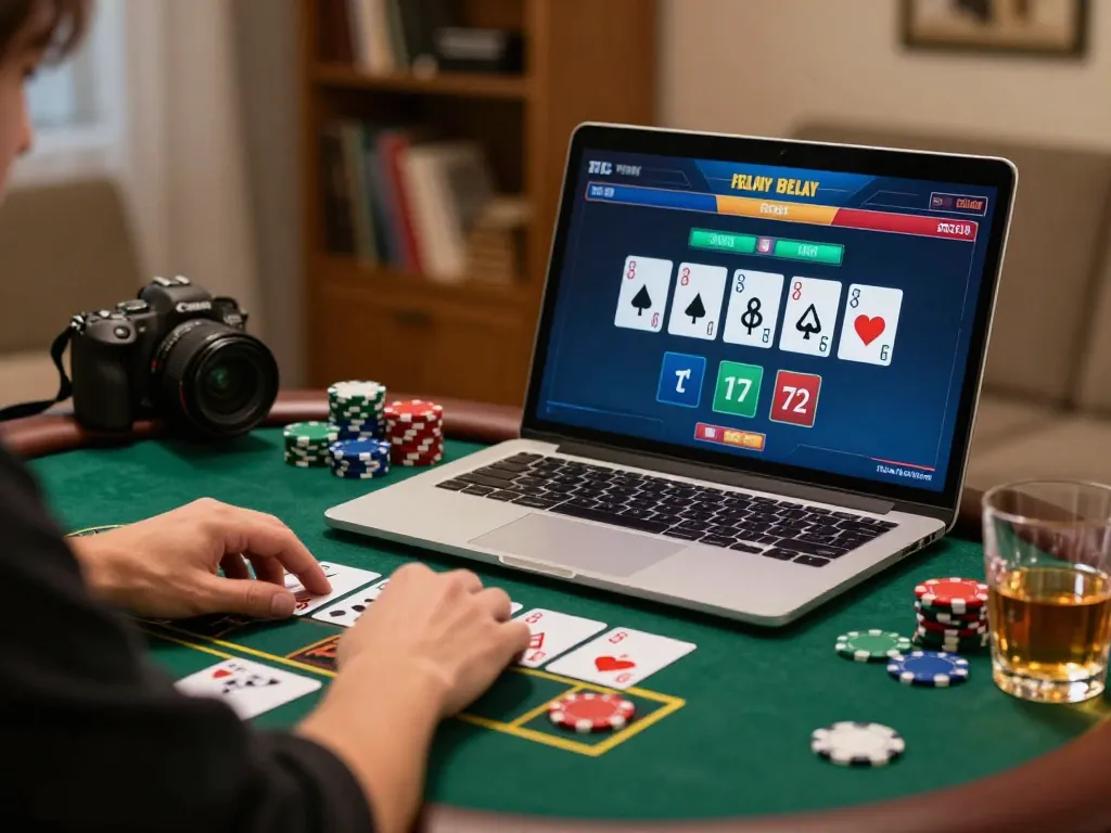 Player engaging with live dealer at sc88.com with cards and chips in a cozy home gaming setup.