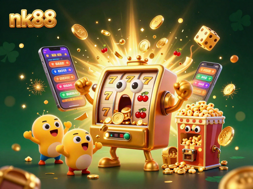 Experience nk88's thrilling slot machine jackpot with vibrant coins, colorful symbols, and lively characters.