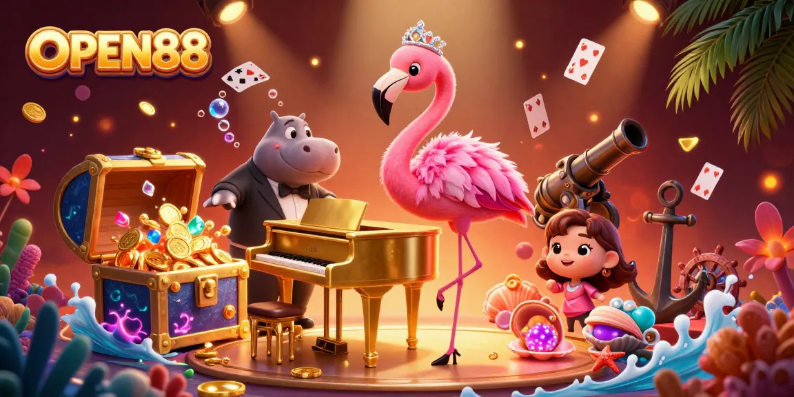 Experience thrilling spins and vibrant colors at OPEN88's dynamic casino scene with engaging characters and games.