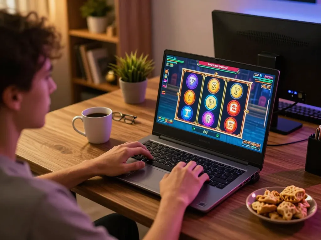 Player enjoying exciting slots experience on Plataforma DW8 in a cozy home setup