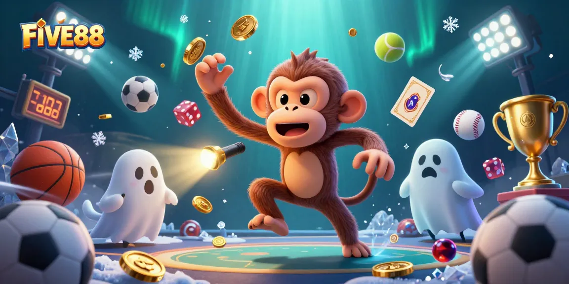 Experience the excitement of winning at FIVE88 Casino with a playful poltergeist monkey and adventurous ghost-hunter puppy.