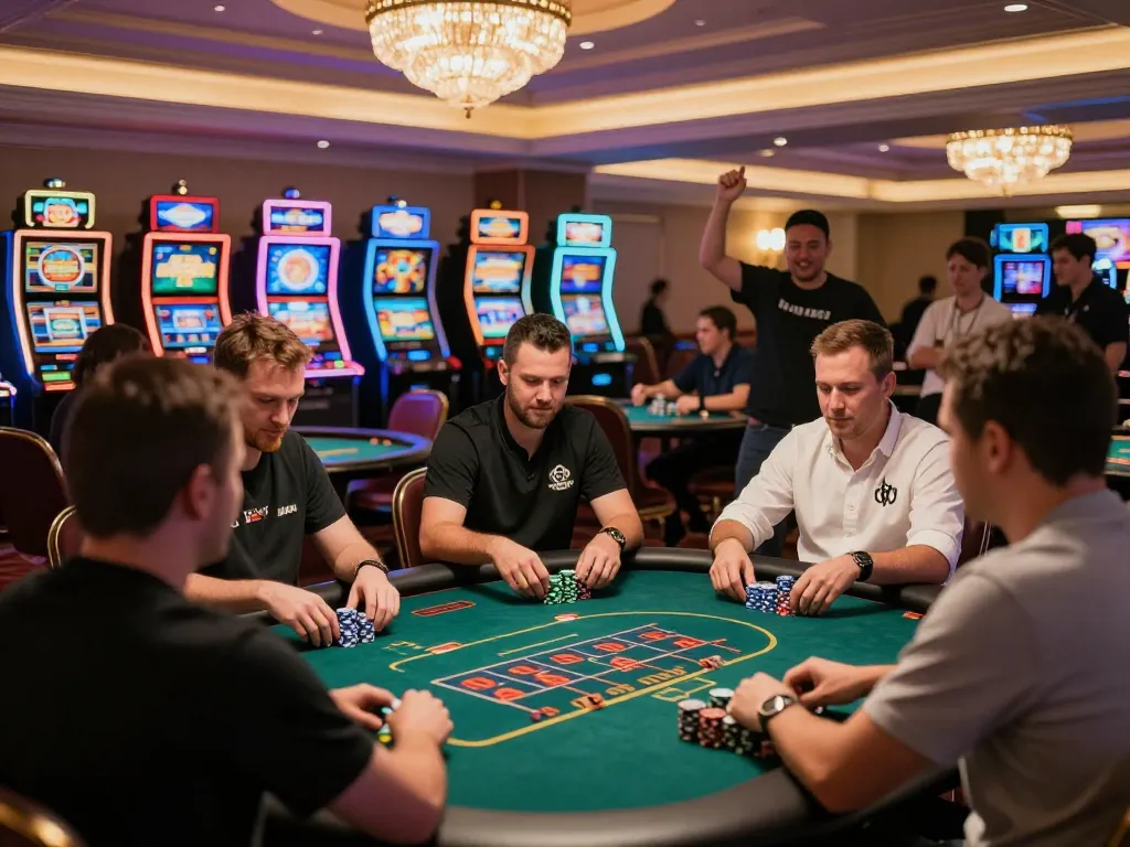 Players engaged in poker gameplay on a lively casino floor showcasing the strategy aspects of DIAMOND789.
