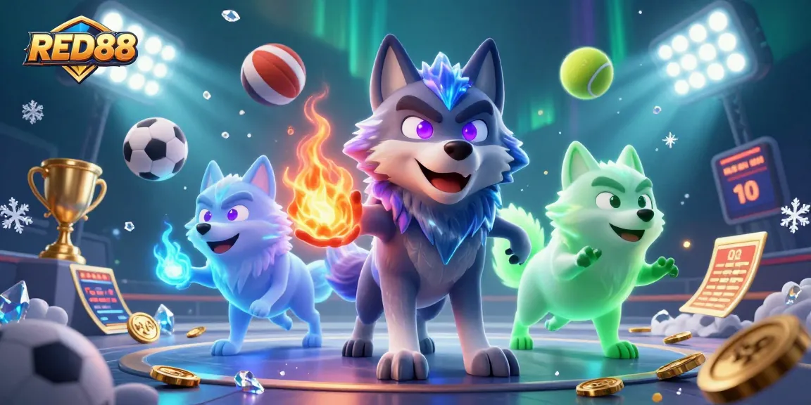 Experience thrilling gameplay at RED88 with a dynamic casino illustration featuring unique characters and game elements.