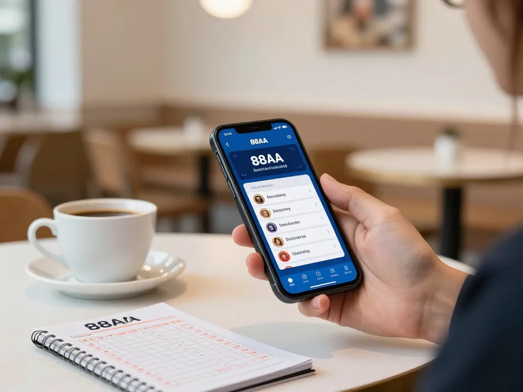 Engaged player using the 88aa trang chủ app for mobile betting at a cozy café, showcasing the excitement of online gambling.