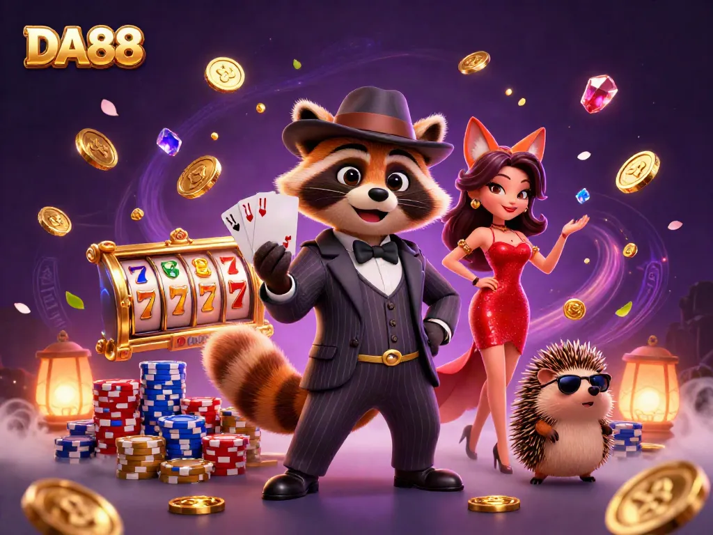 Celebrate the thrill of DA88 slots with raccoon, fox, and hedgehog in a vibrant casino scene.