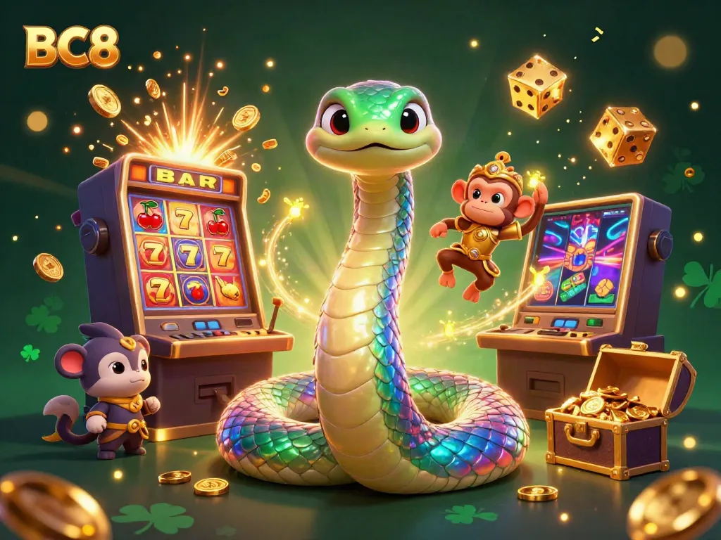 BC8's vibrant online casino illustration, featuring a rainbow serpent and monkey king amidst slot machine action.