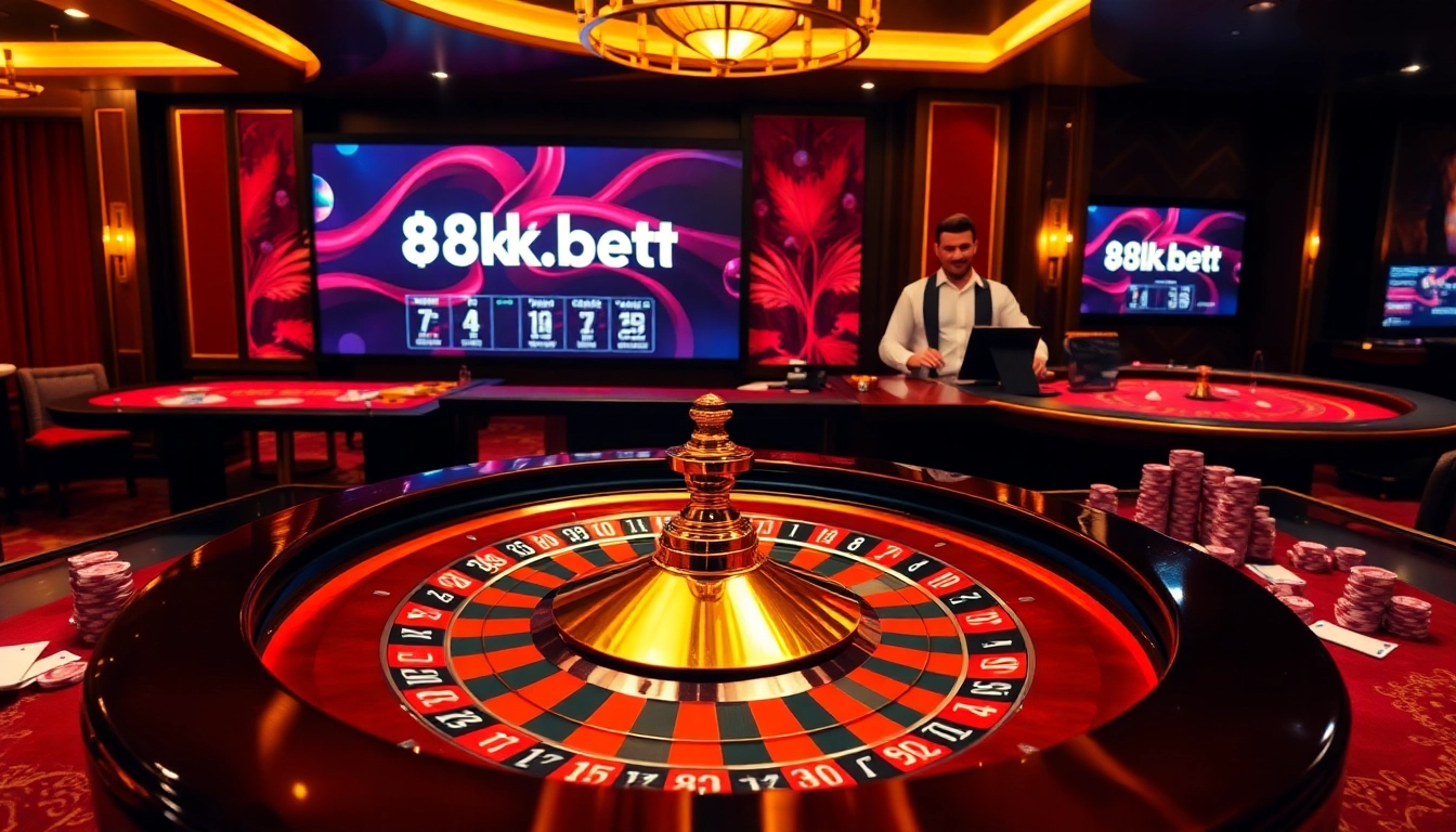 Experience the thrill of online gambling at https://8kkbet.com/ with an exciting scene of roulette and professional dealers.