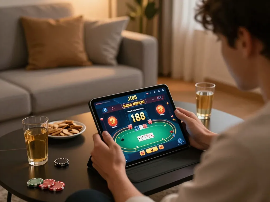 J188 user engaging with online poker game on tablet in cozy home environment