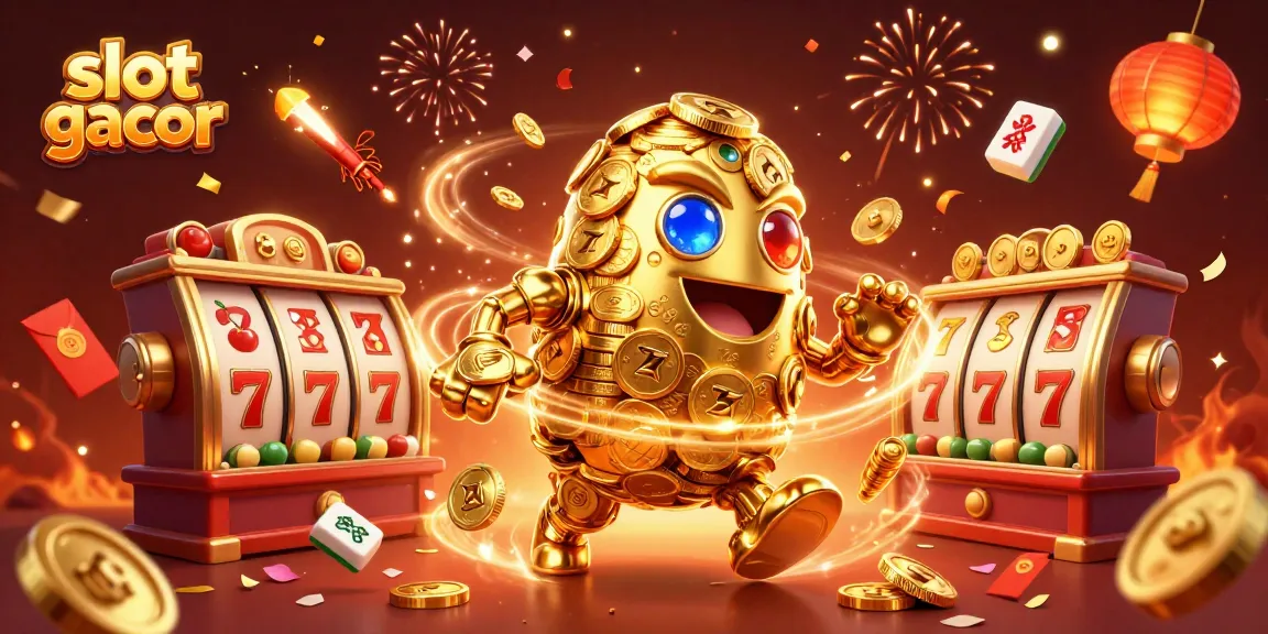 Experience slot gacor with a vibrant 3D illustration featuring a golden golem and dynamic slot elements.