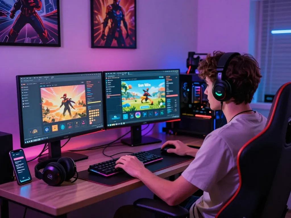 Excited gamer downloading tải sun win on a dual monitor setup, surrounded by gaming accessories and vibrant decor.