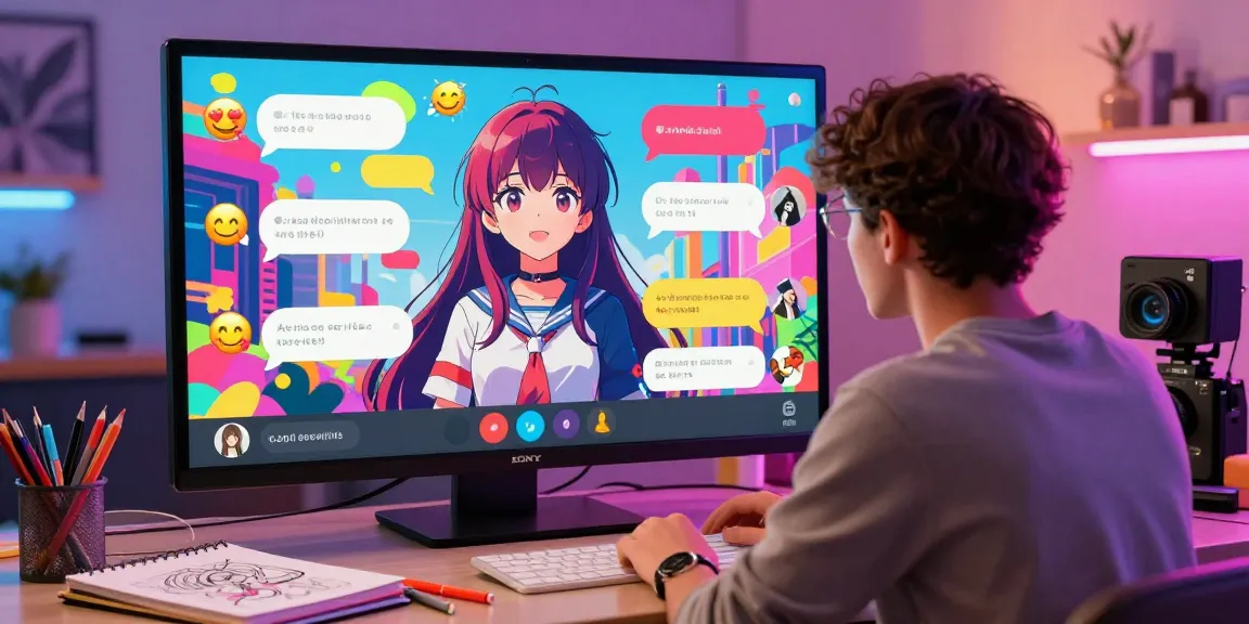 Engaging ai hentai chat interaction with an anime avatar in a colorful digital salon.