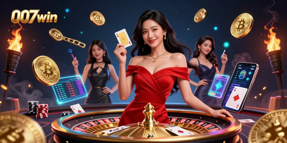 Experience thrilling gameplay at 007win with golden cards, roulette, and vibrant digital elements.