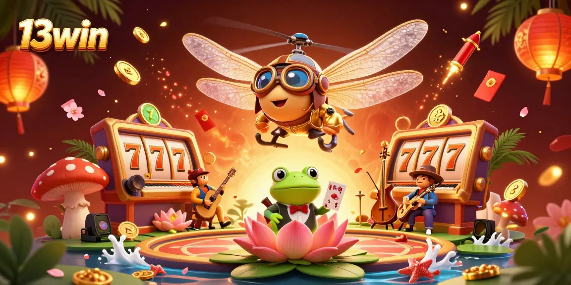 Engage with 13win's vibrant casino scene, showcasing dragonfly pilot, frog dealer, and lively players.