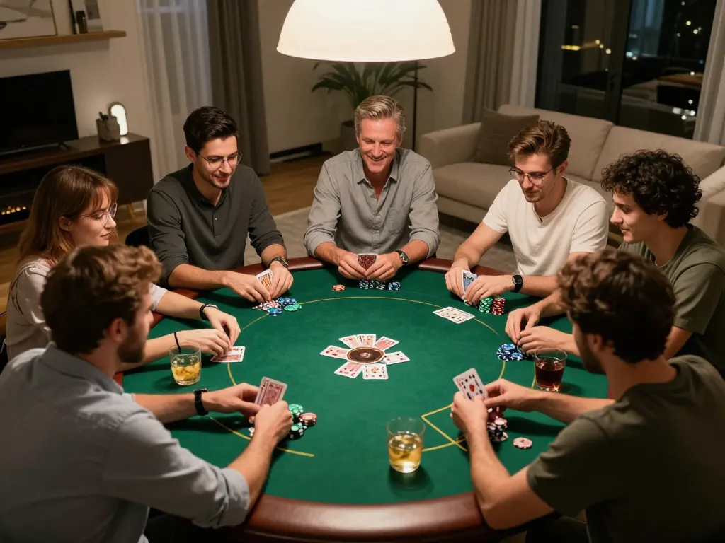 Engaging poker game night with friends at home, showcasing 888now activities and social gaming dynamics.