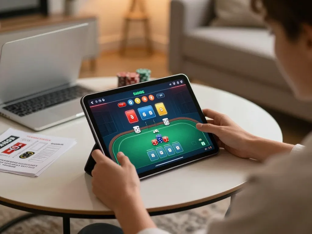 Player engaging with sam86 on a tablet, immersed in a dynamic poker game experience at home
