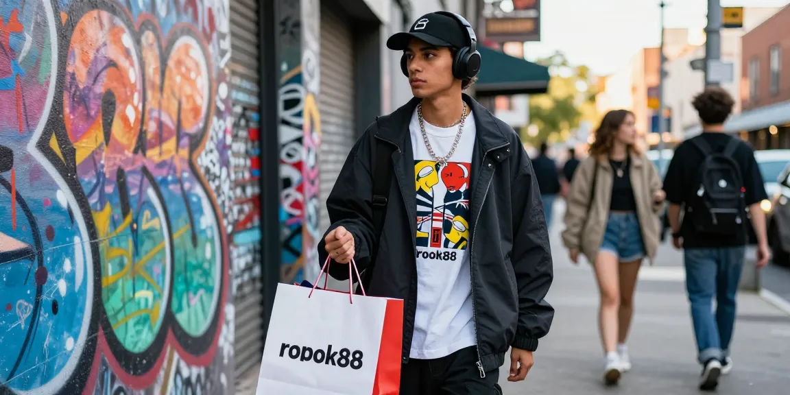 Person in stylish rokok88 merchandise against vibrant urban graffiti, showcasing street fashion.