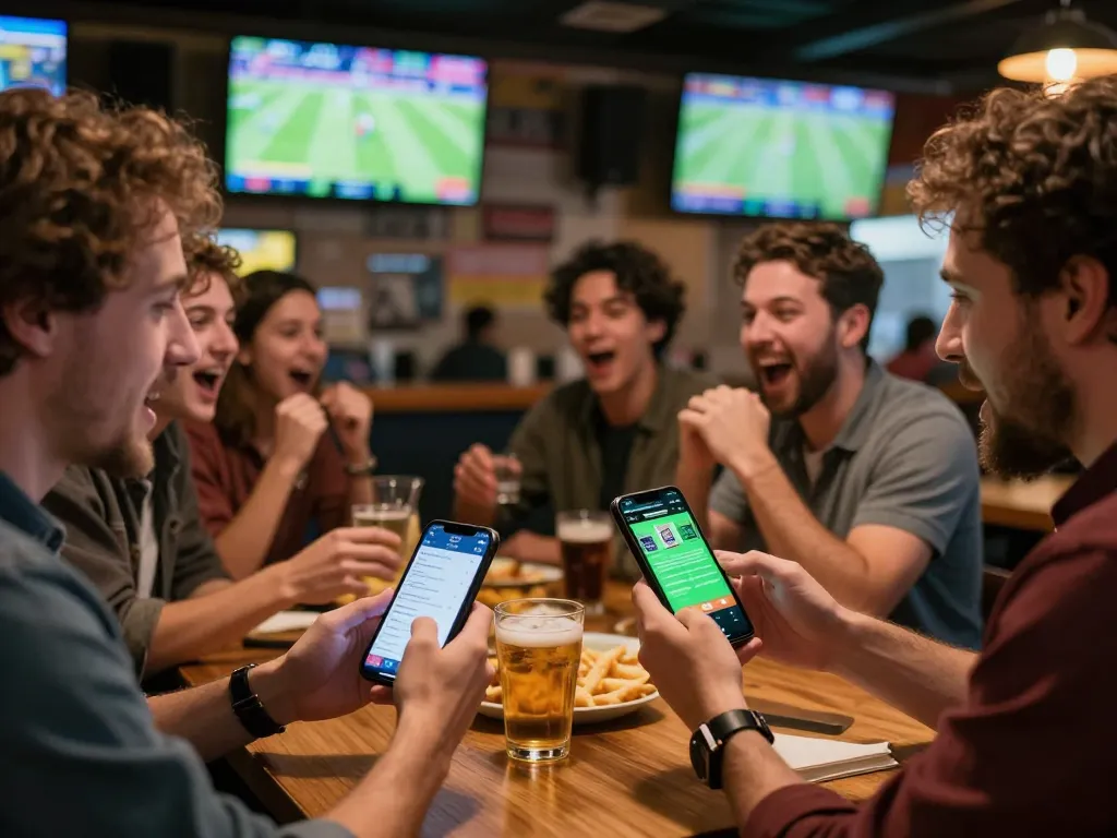 Kèo bóng đá trực tuyến being actively accessed on a smartphone during a lively sports event at a bar.
