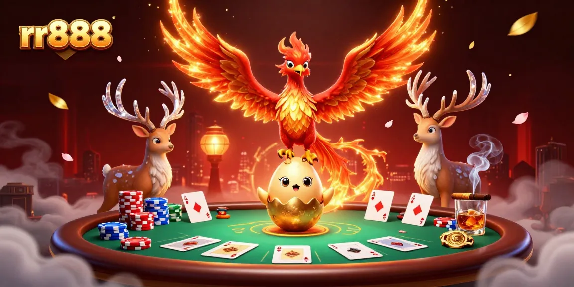 Experience exciting poker action with rr888 featuring a vibrant phoenix, chips, and cards.
