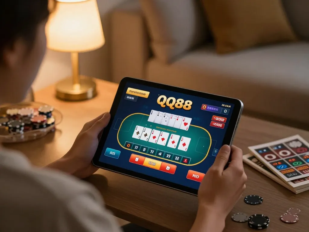 Engaging user playing QQ88 online casino on tablet at home, showcasing poker game excitement and strategic gameplay