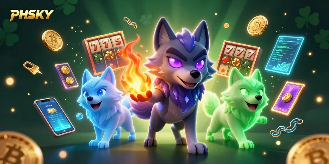 PHSKY presents a vibrant online casino experience featuring dynamic gameplay with exciting slot reels and animated wolves.