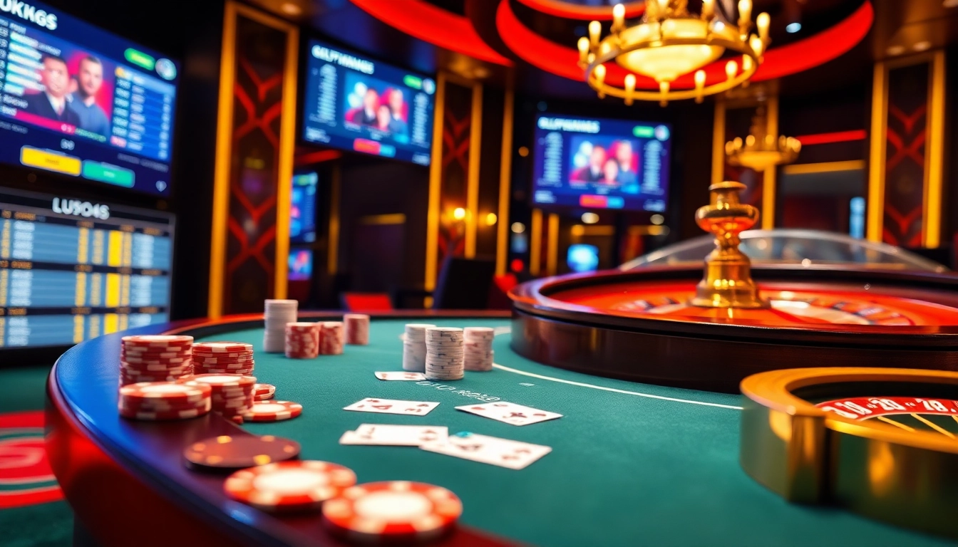 Exciting online gambling action at https://lu88.soccer/ featuring vibrant poker chips, cards, and a roulette wheel.