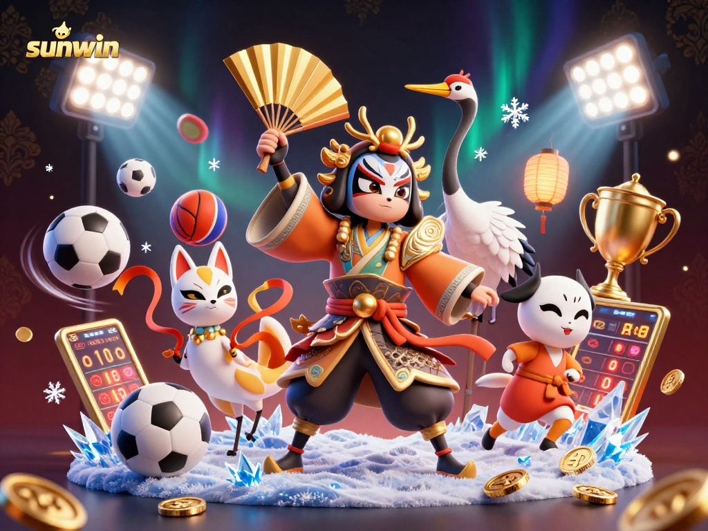 Experience excitement at sunwin with a lively illustration of a kabuki warrior and sports elements.