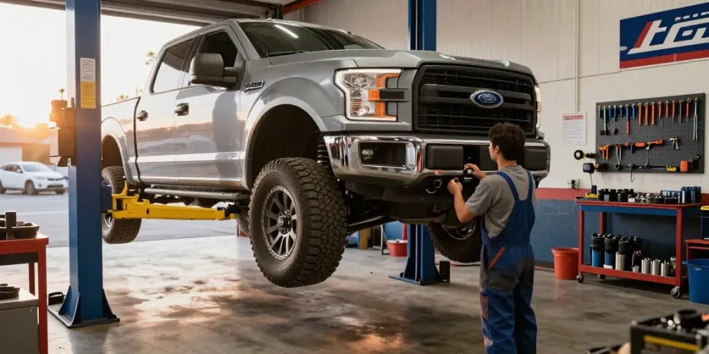 BusinessPally mechanic installing leveling kit on Ford F150, showcasing automotive enhancement techniques.
