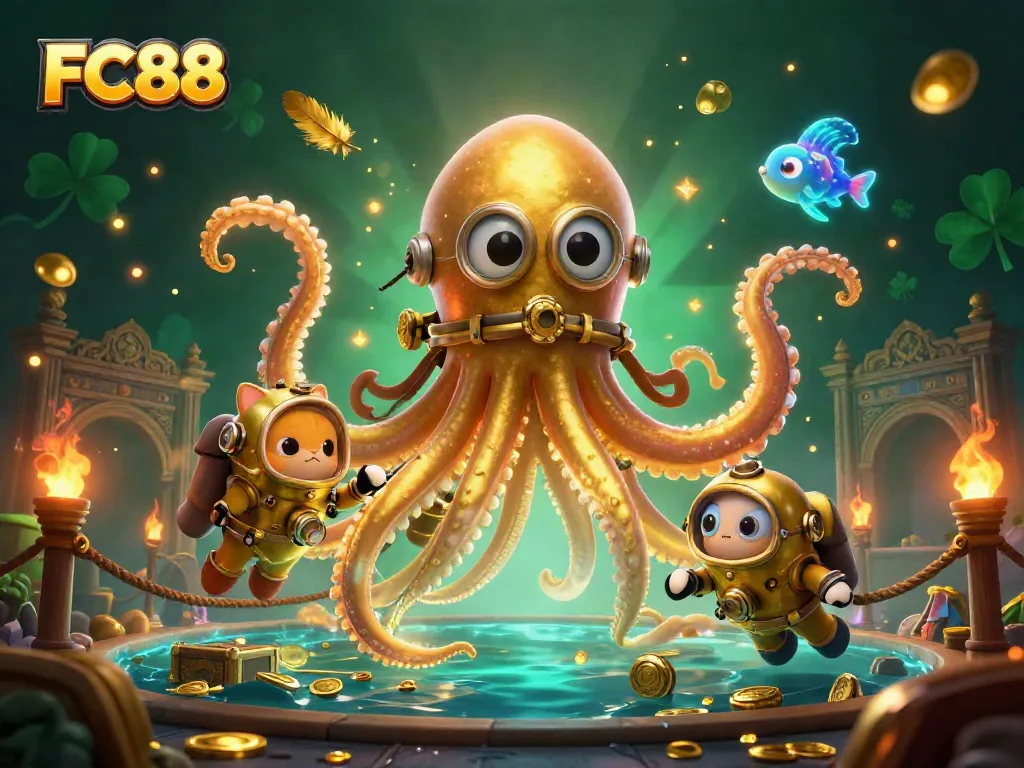 Engage in thrilling gameplay with FC88, featuring a colossal kraken and vibrant casino elements.