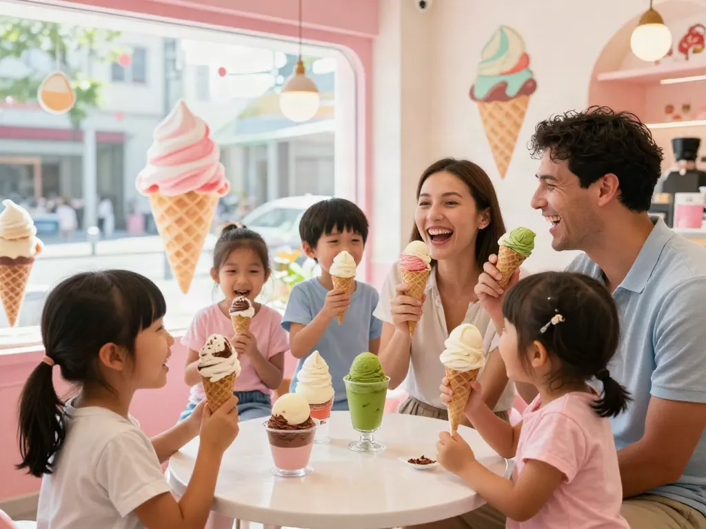 Family enjoying unique ice cream flavors at ROKOK88 SUPER, highlighting rokok88 alternatif desserts.