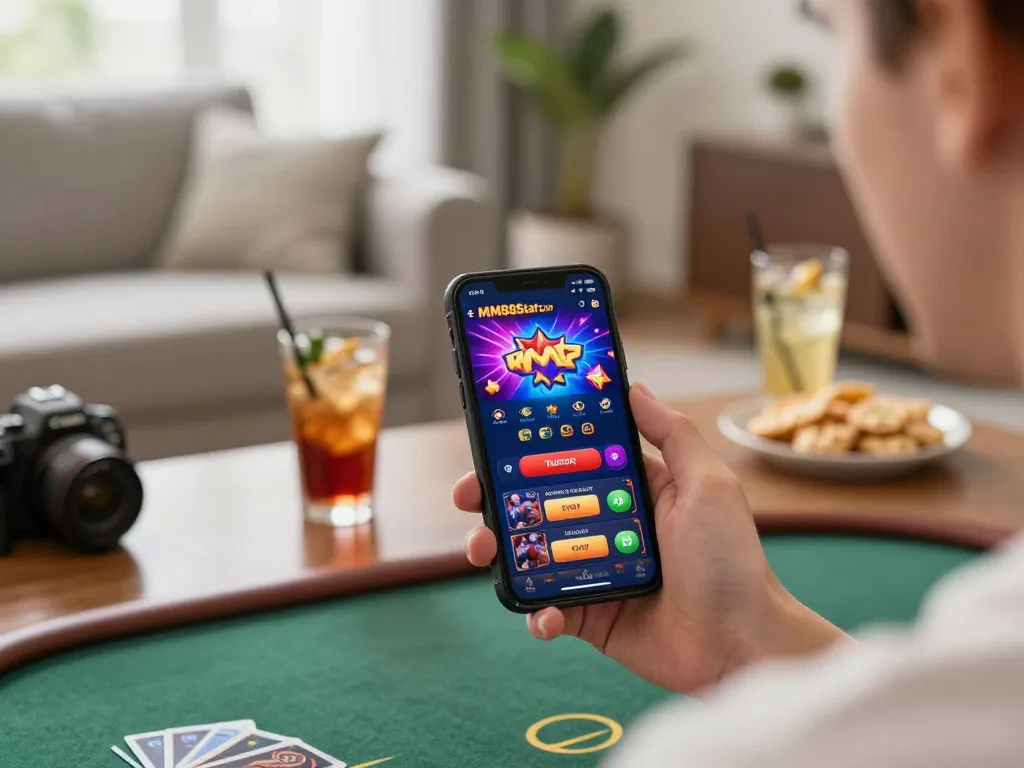 Engaging online gaming experience with MM88Star app displayed on smartphone, cozy home atmosphere