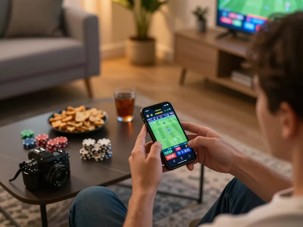 Engaging in lc88 link betting on a smartphone, capturing the excitement of online sports gambling.