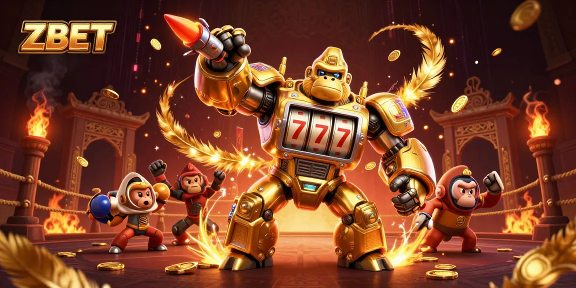 ZBET's thrilling online gaming adventure featuring a golden gorilla mech celebrating jackpots.