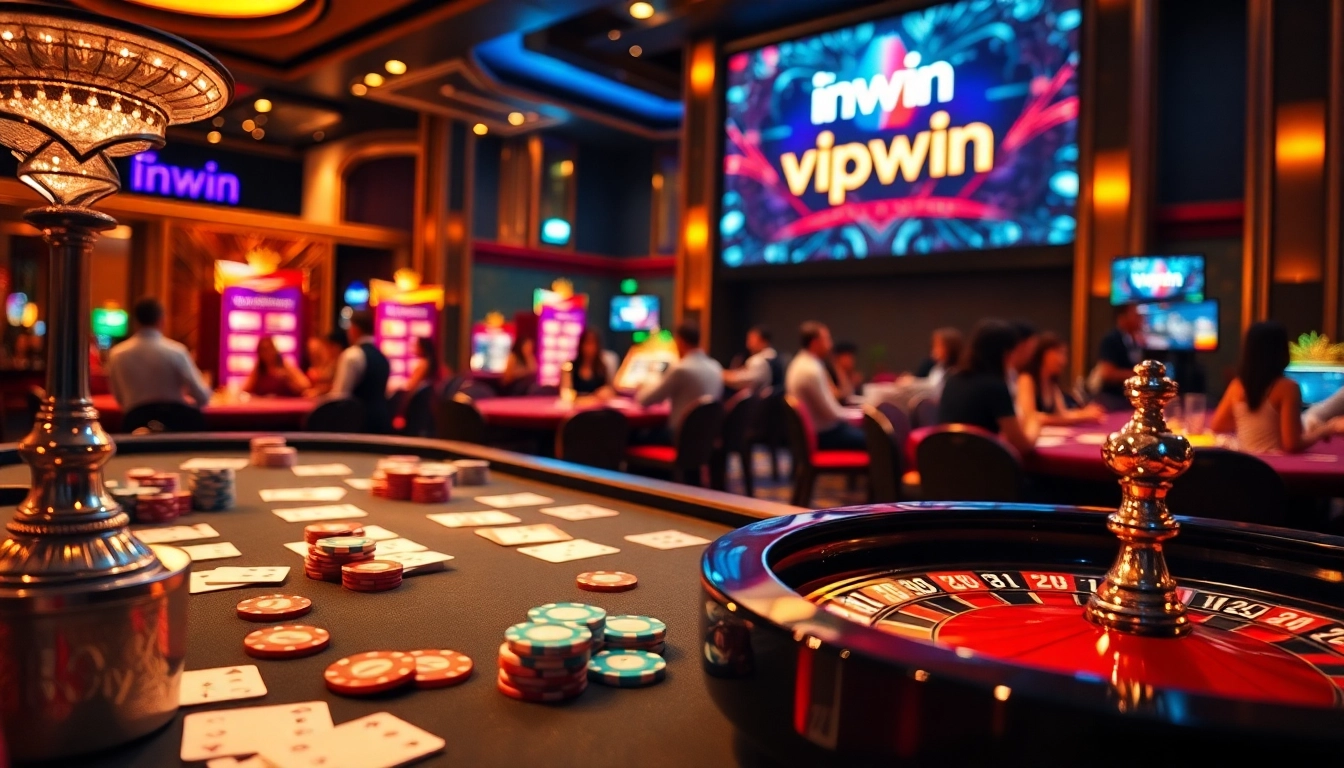 Experience excitement at a vipwin casino table with vibrant poker chips and a roulette wheel.