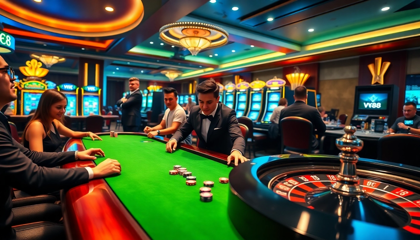 Engaging players at a casino table showcasing VK88 gaming excitement with vibrant colors.