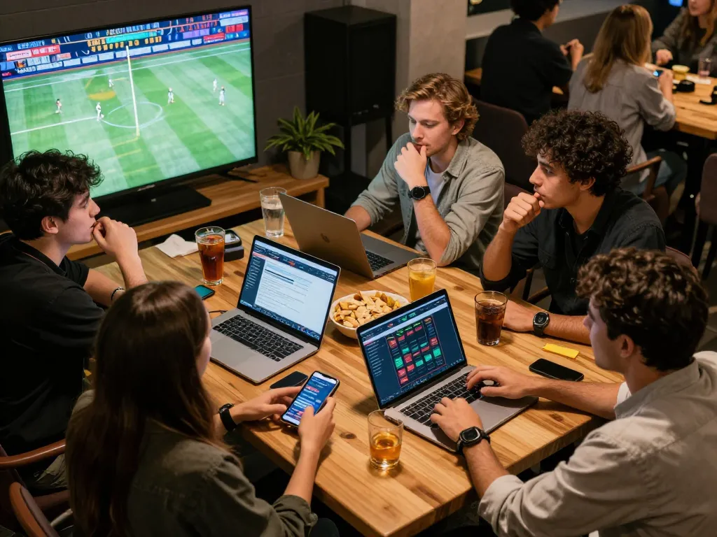 Engaging friends placing bets in link lucky88 sports betting environment during a lively game night